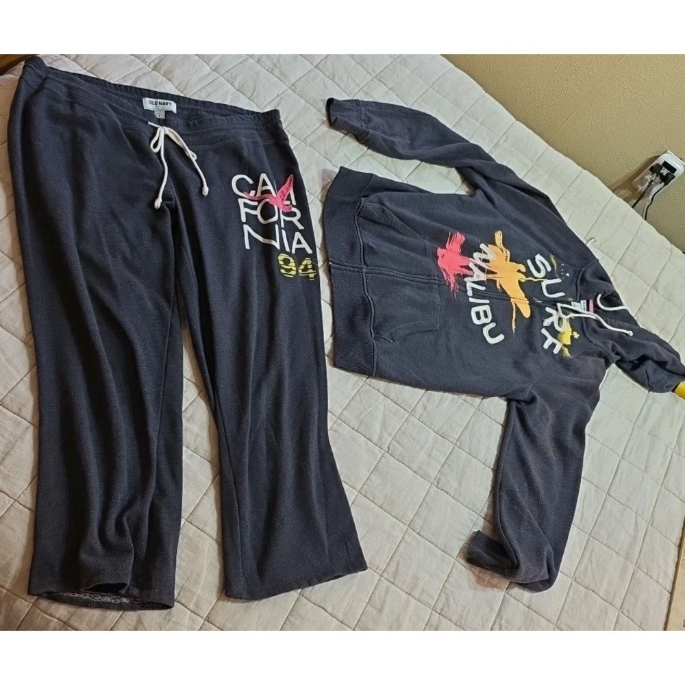 Old Navy Y2k Womens‎ SweatSuit Large Surf Malibu 94 2000's Tracksuit Gray